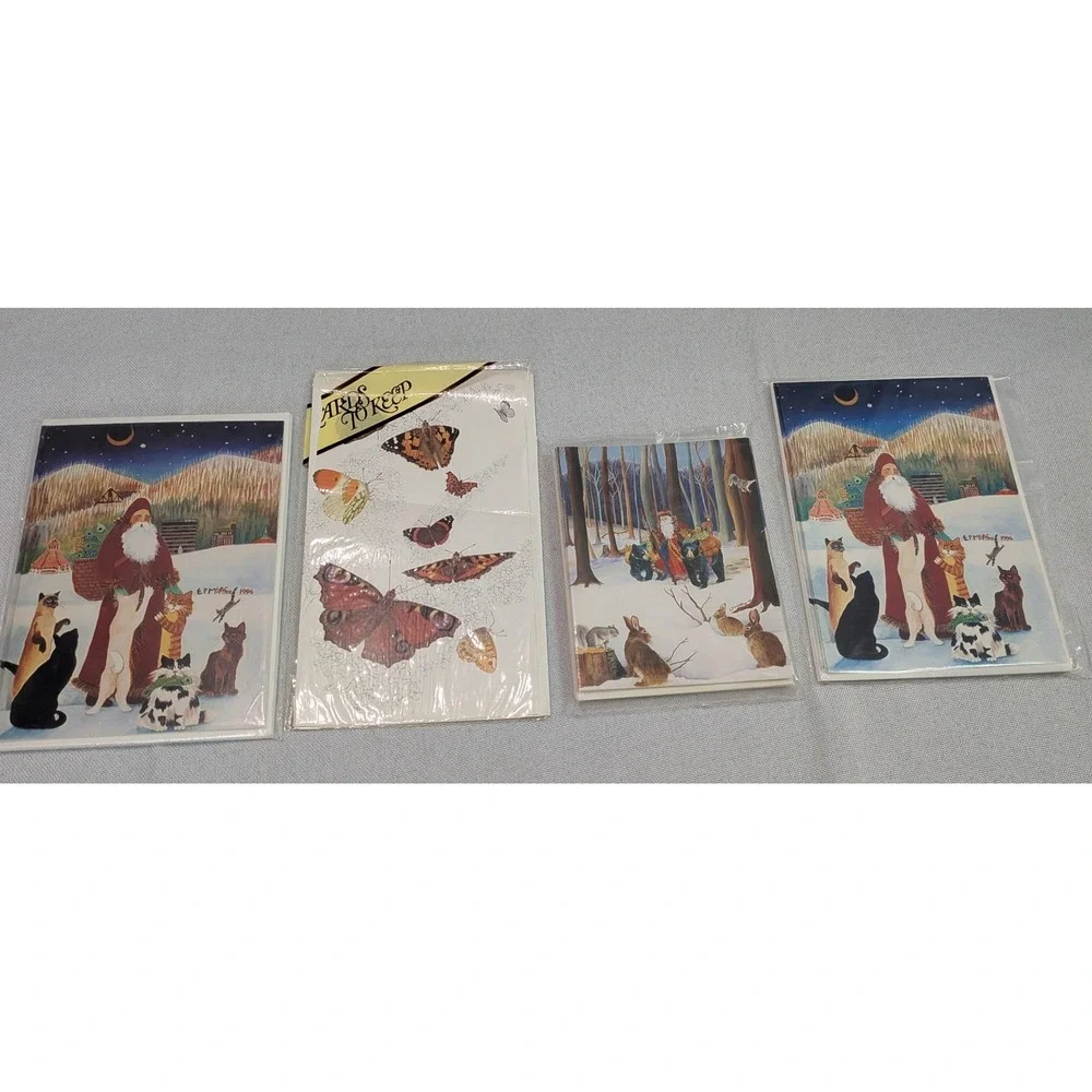 Sue Boettcher Elizabeth McAfee Stationery Lot Cat Santa Butterfly Cards Tin GOOD
